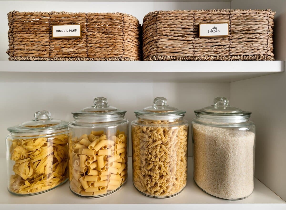 Labelled seagrass baskets on a pantry shelf above three glass jars holding two shapes of dried pasta and rice.